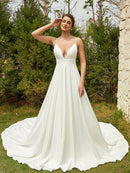 A-Line/Princess Stretch Crepe Lace V-neck Sleeveless Cathedral Train Wedding Dresses