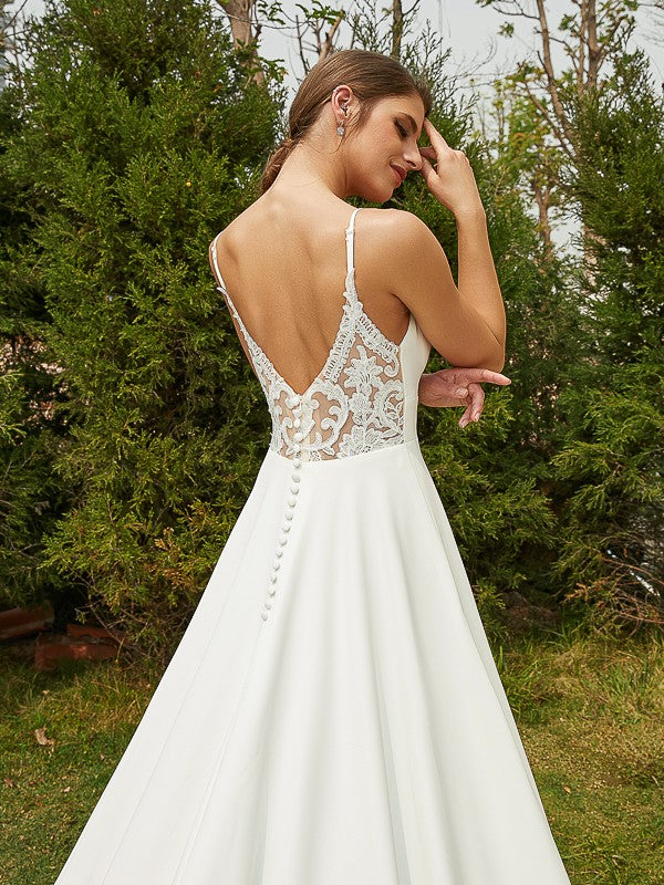 A-Line/Princess Stretch Crepe Lace V-neck Sleeveless Cathedral Train Wedding Dresses