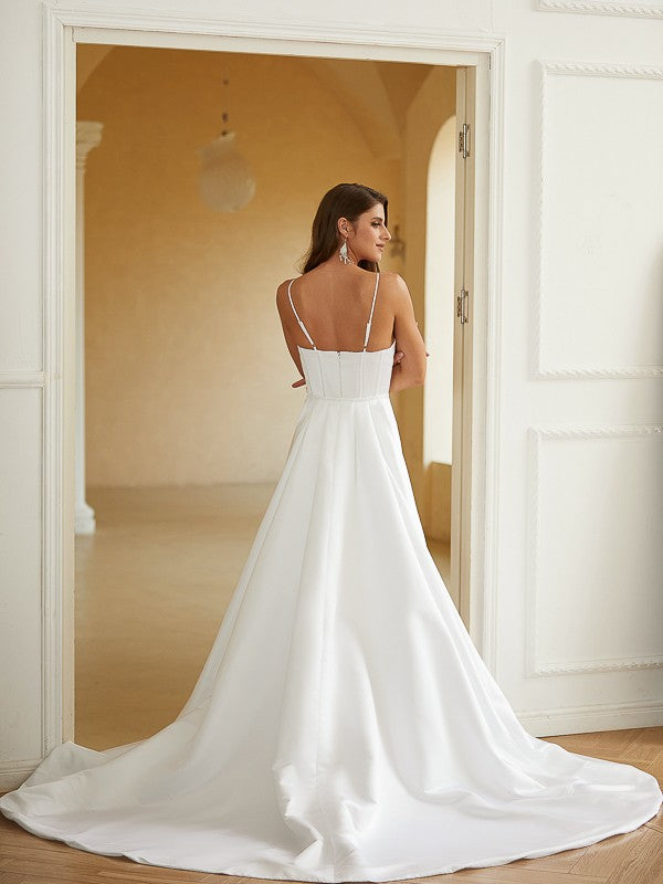 Sheath/Column Charmeuse Ruched Spaghetti Straps Sleeveless Court Train Wedding Dresses