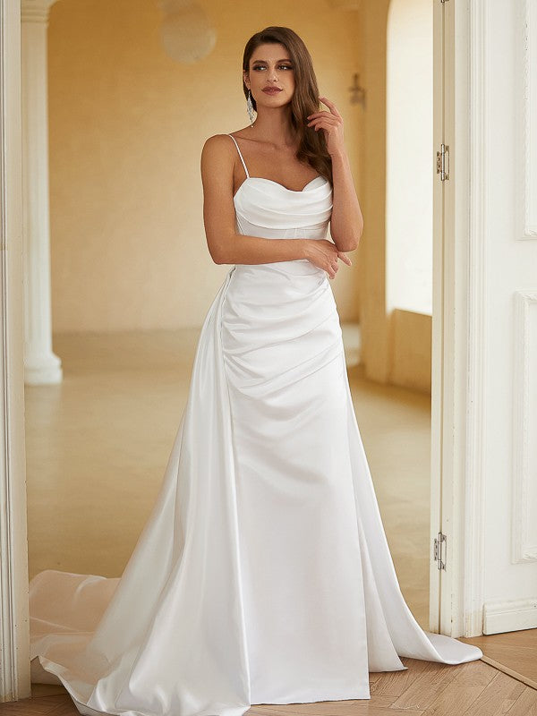 Sheath/Column Charmeuse Ruched Spaghetti Straps Sleeveless Court Train Wedding Dresses