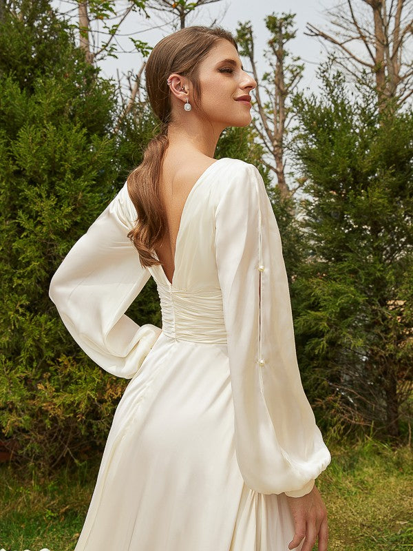 A-Line/Princess Satin Chiffon Ruched V-neck Long Sleeves Cathedral Train Wedding Dresses