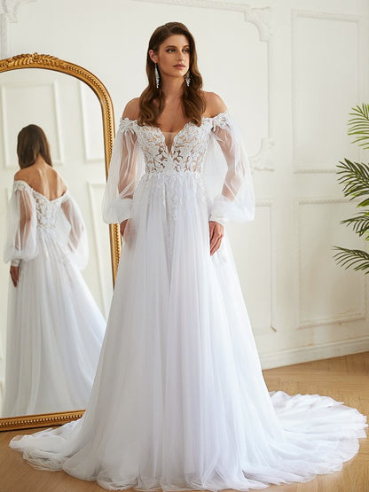 A-Line/Princess Tulle Applique Off-the-Shoulder Long Sleeves Chapel Train Wedding Dresses