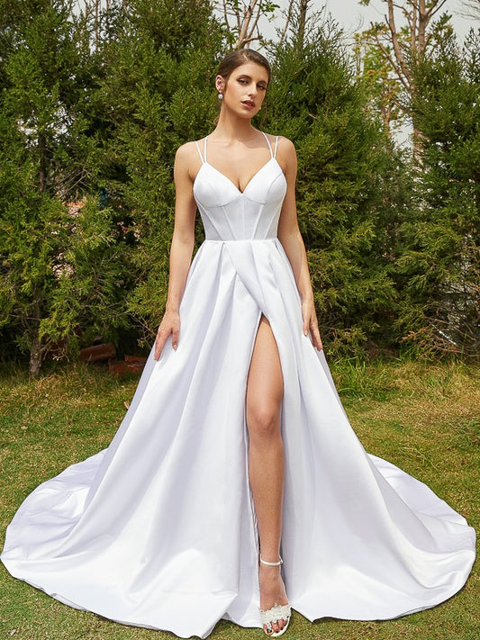 A-Line/Princess Satin Ruffles V-neck Sleeveless Court Train Wedding Dresses