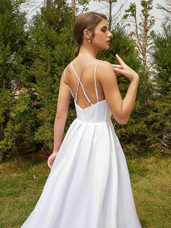 A-Line/Princess Satin Ruffles V-neck Sleeveless Court Train Wedding Dresses