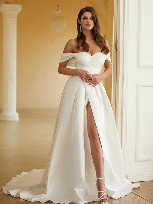 A-Line/Princess Satin Ruched Off-the-Shoulder Sleeveless Chapel Train Wedding Dresses