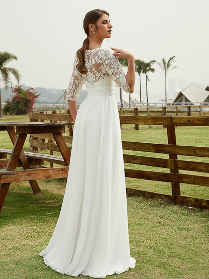 A-Line/Princess Chiffon Lace V-neck 1/2 Sleeves Floor-Length Wedding Dresses