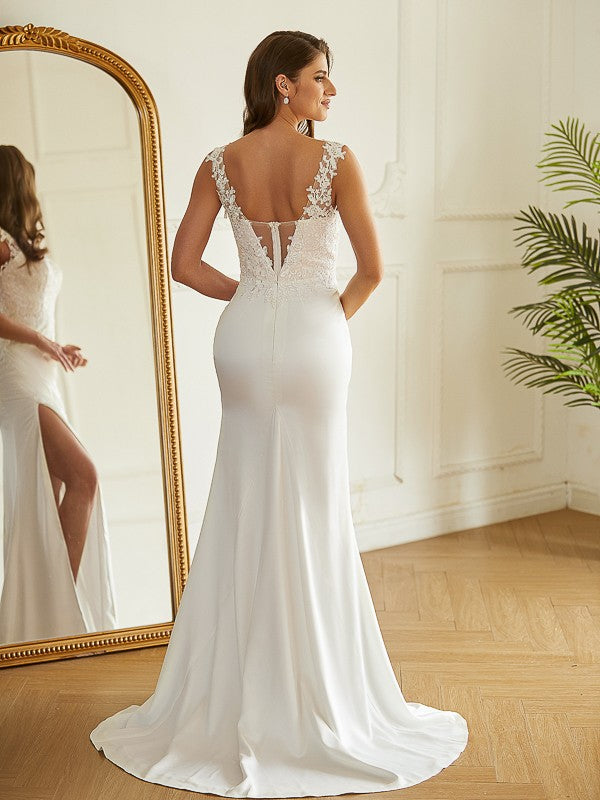 Sheath/Column Charmeuse Lace V-neck Sleeveless Sweep/Brush Train Wedding Dresses