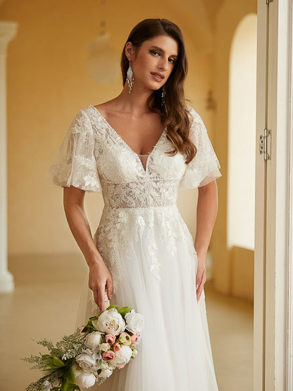 A-Line/Princess Tulle Lace V-neck Short Sleeves Floor-Length Wedding Dresses