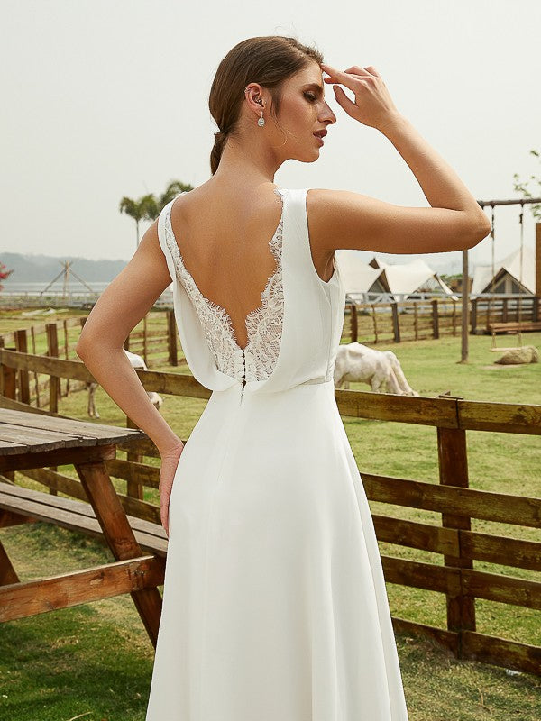 A-Line/Princess Chiffon Ruched V-neck Sleeveless Floor-Length Wedding Dresses