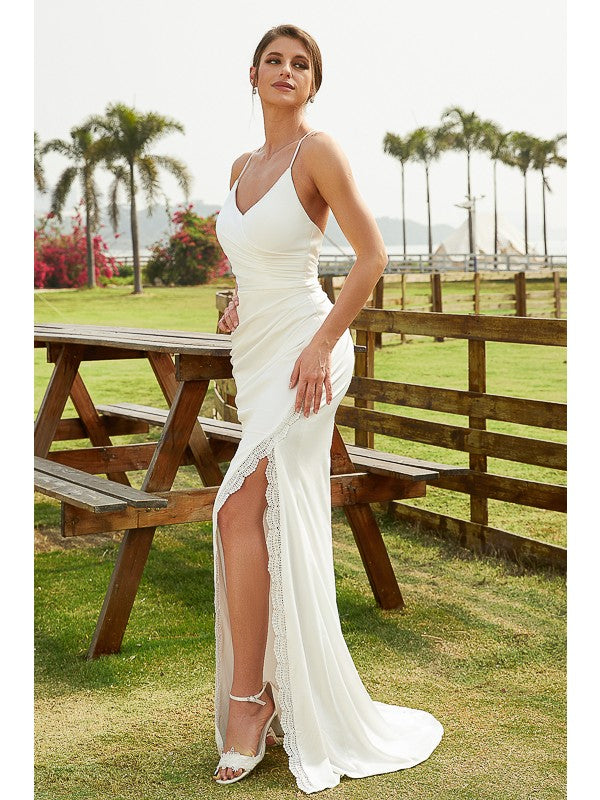 Sheath/Column Jersey Ruched V-neck Sleeveless Sweep/Brush Train Wedding Dresses