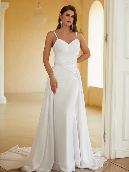 Sheath/Column Charmeuse Ruched V-neck Sleeveless Court Train Wedding Dresses