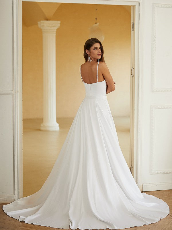 Sheath/Column Charmeuse Ruched V-neck Sleeveless Court Train Wedding Dresses