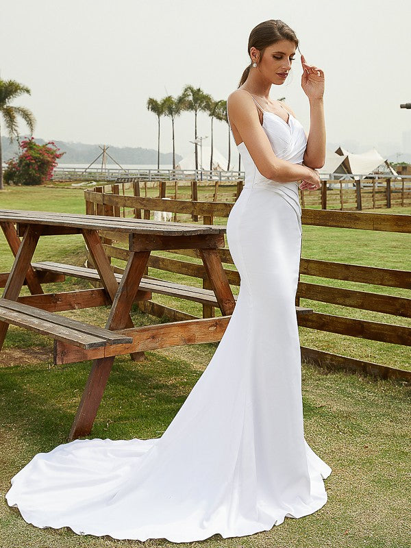 Sheath/Column Charmeuse Ruched V-neck Sleeveless Court Train Wedding Dresses