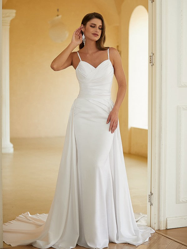 Sheath/Column Charmeuse Ruched V-neck Sleeveless Court Train Wedding Dresses