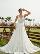 A-Line/Princess Tulle Lace Scoop Sleeveless Chapel Train Wedding Dresses