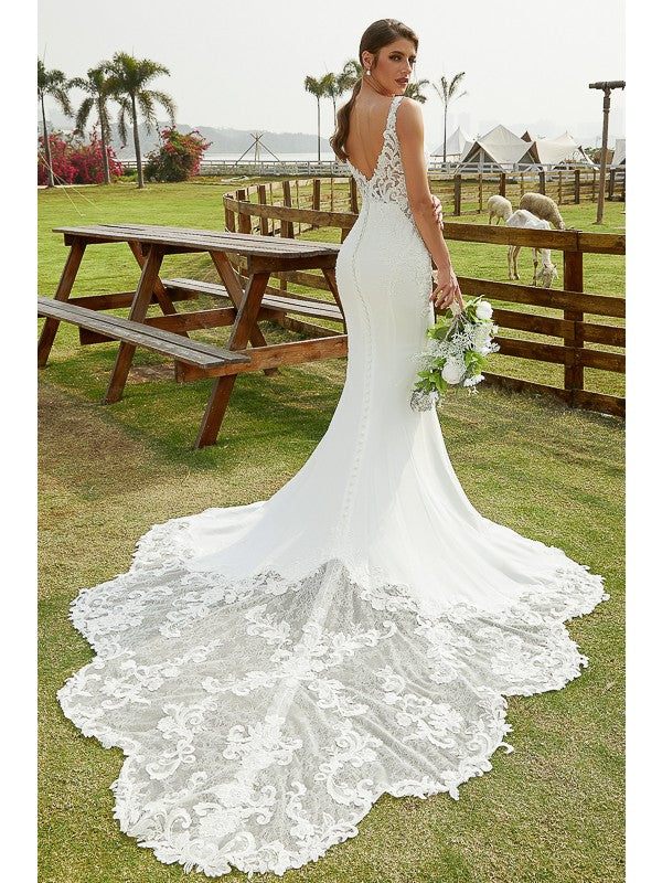 Sheath/Column Stretch Crepe Lace V-neck Sleeveless Cathedral Train Wedding Dresses