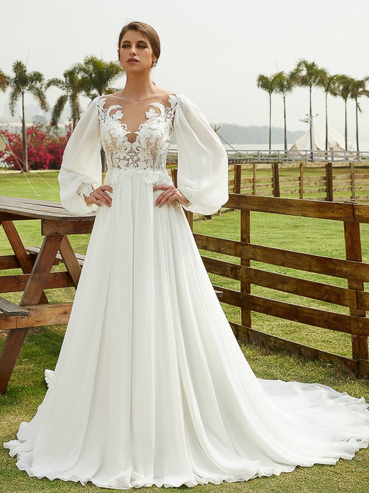 A-Line/Princess Chiffon Applique Scoop Long Sleeves Chapel Train Wedding Dresses