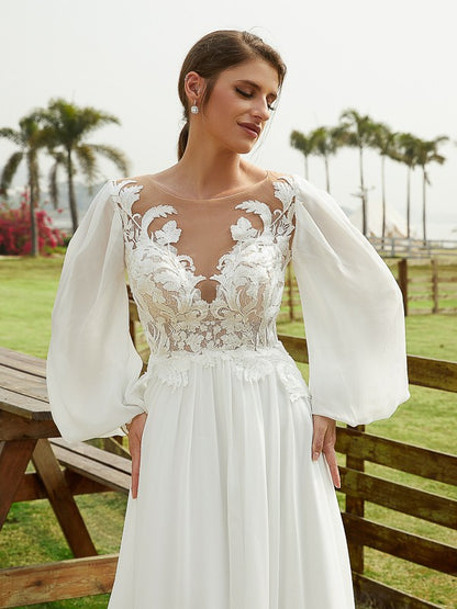 A-Line/Princess Chiffon Applique Scoop Long Sleeves Chapel Train Wedding Dresses