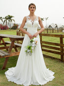 A-Line/Princess Chiffon Lace Scoop Sleeveless Sweep/Brush Train Wedding Dresses