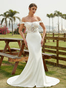 Sheath/Column Stretch Crepe Lace Off-the-Shoulder Sleeveless Court Train Wedding Dresses