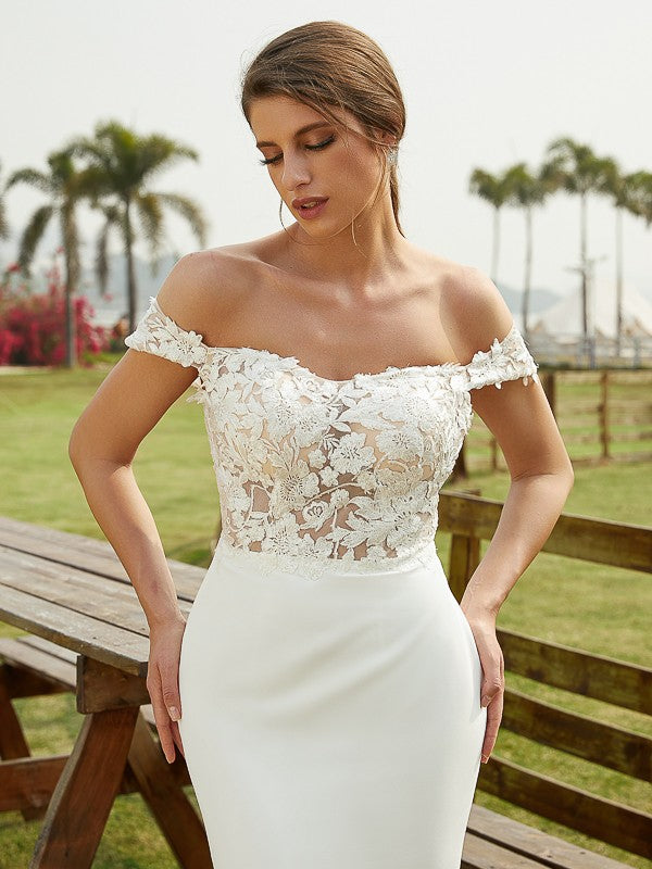 Sheath/Column Stretch Crepe Lace Off-the-Shoulder Sleeveless Court Train Wedding Dresses