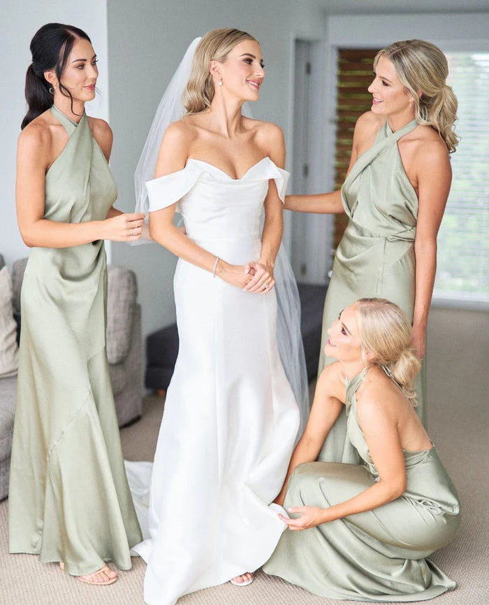 Bridesmaid Dresses Charming Sheath Satin Sage Long Bridesmaid Dresses