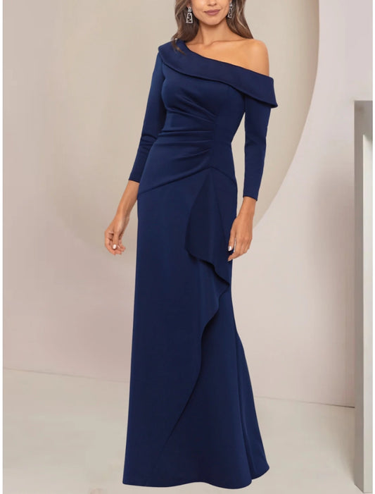 A-Line Mother of the Bride Dress Wedding Guest Party Elegant Off Shoulder Floor Length Stretch Fabric Long Sleeve with Ruffles Solid Color