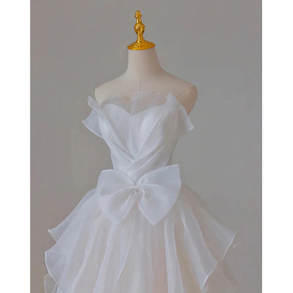 Wedding Dress French Strapless Layered Fantastic Wedding Gown Bow Tie Long Formal Wear Dresses
