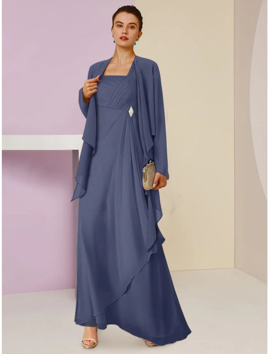 A-Line Mother of the Bride Dress Wedding Guest Elegant Square Neck Ankle Length Chiffon Long Sleeve with Crystal Brooch Ruching