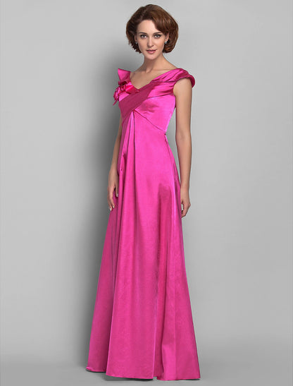 A-Line Mother of the Bride Dress Floral Off Shoulder Floor Length Satin Sleeveless with Ruffles Side Draping Flower