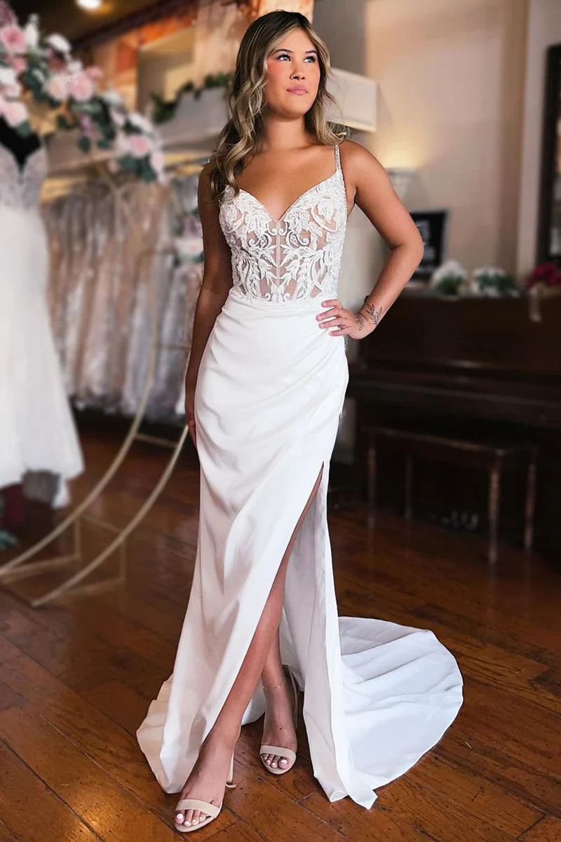 Wedding Dress Sheath White Lace-Up Back with Slit