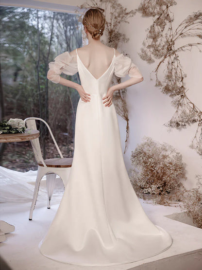 Wedding Dress Spaghetti Strap Long Sleeves V Back Elegant Simple Long Formal Wear Dresses
