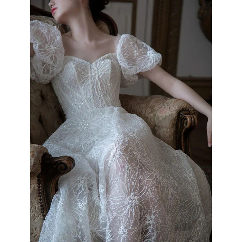 Wedding Dress A Line Tulle Short Sleeves Heart-Shaped Collar Lace Formal Wear Dresses
