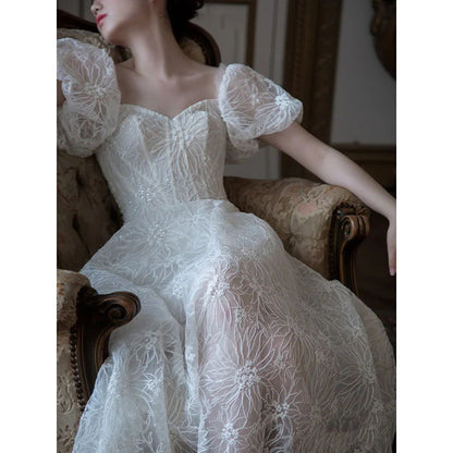 Wedding Dress A Line Tulle Short Sleeves Heart-Shaped Collar Lace Formal Wear Dresses