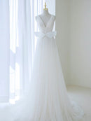 A-Line Deep V Neck Tulle Long Wedding Dress with Bow Fantastic Wedding Dress