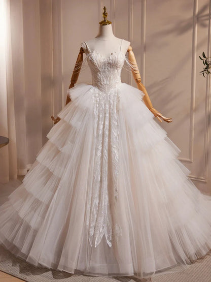 A-Line Sweetheart Neck Spaghetti Strap Tulle Lace Long with Beads Fantastic Wedding Dress