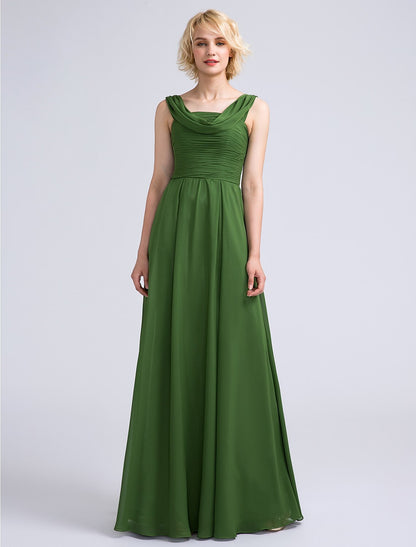 A-Line Bridesmaid Dress Cowl Neck Sleeveless Open Back Floor Length Chiffon with Ruched