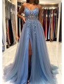 A-Line Prom Party Dress Princess Dress Formal Prom Court Train Sleeveless V Neck Tulle with Beading