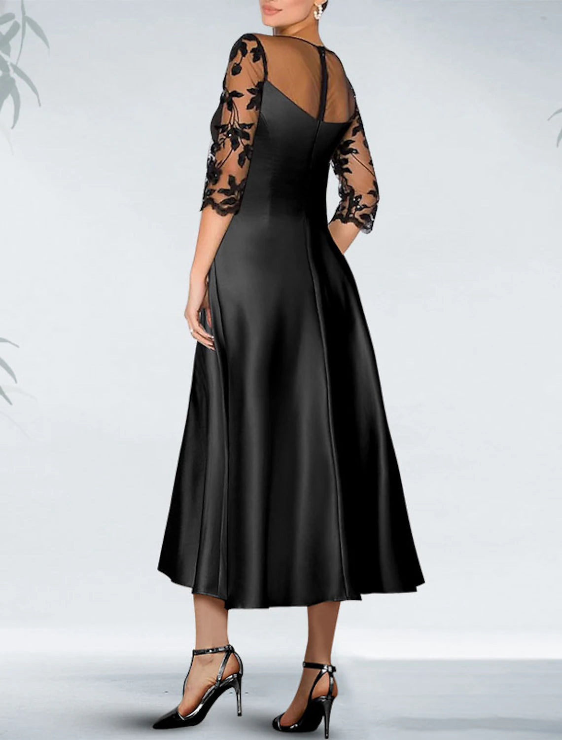 A-Line Cocktail Black Dress Appliques Elegant Dress Fall Wedding Guest Dress For Mother Knee Length 3/4 Length Sleeve Off Shoulder Pocket Satin with Beading Pocket