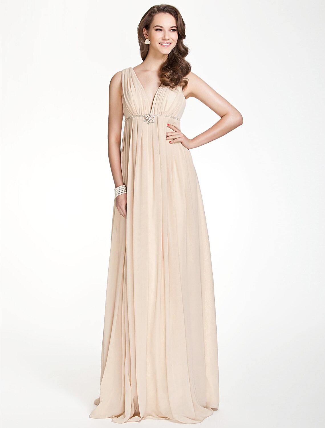 A-Line Bridesmaid Dress V Neck Sleeveless Beautiful Back Floor Length Chiffon with Pleats / Beading / Draping