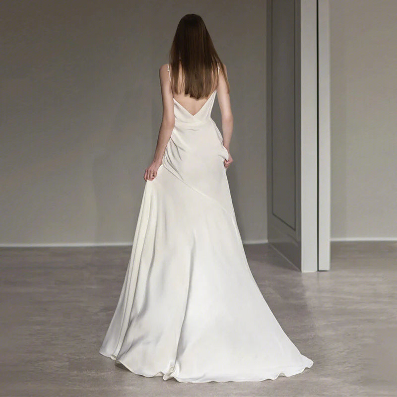 Wedding Dress French Spaghetti Strap Satin V Back Side Fork Elegant Simple Long Formal Wear Dresses