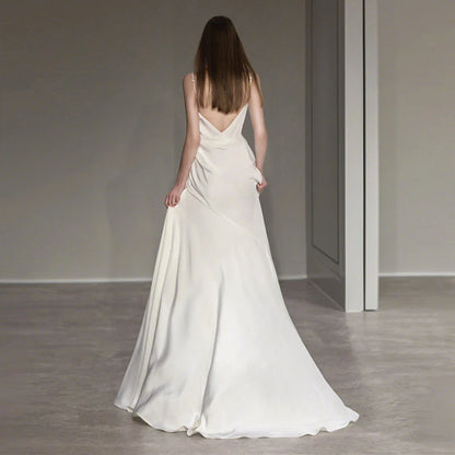 Wedding Dress French Spaghetti Strap Satin V Back Side Fork Elegant Simple Long Formal Wear Dresses