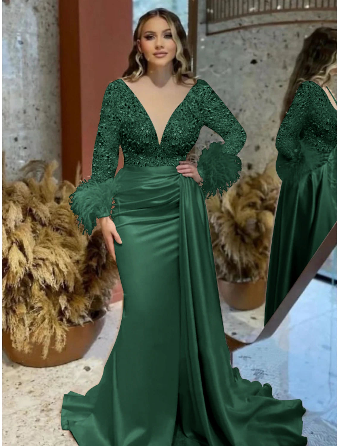 Mermaid / Trumpet Evening Gown Sparkle & Shine Dress Formal Wedding Court Train Long Sleeve V Neck Satin with Feather Glitter Ruched