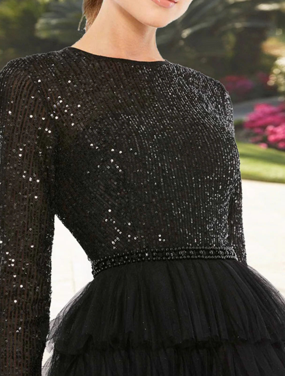 A-Line Cocktail Dresses Sparkle & Shine Dress Party Wear Wedding Guest Tea Length Long Sleeve Jewel Neck Fall Wedding Guest Tulle with Sequin Tiered