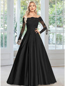 A-Line Evening Gown Floral Dress Formal Wedding Guest Court Train Long Sleeve Off Shoulder Satin with Appliques