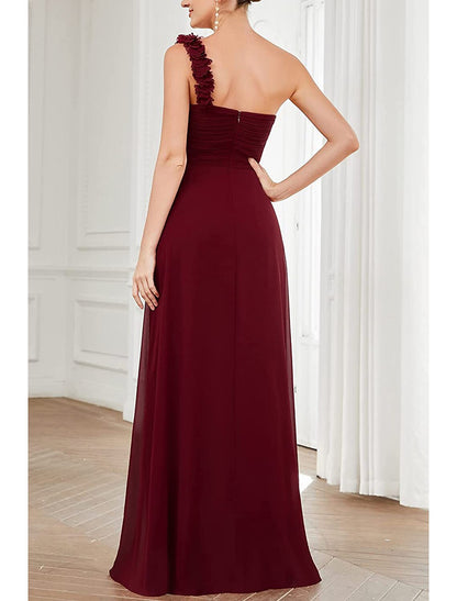 A-Line Bridesmaid Dress One Shoulder Sleeveless Open Back Floor Length Chiffon with Pleats