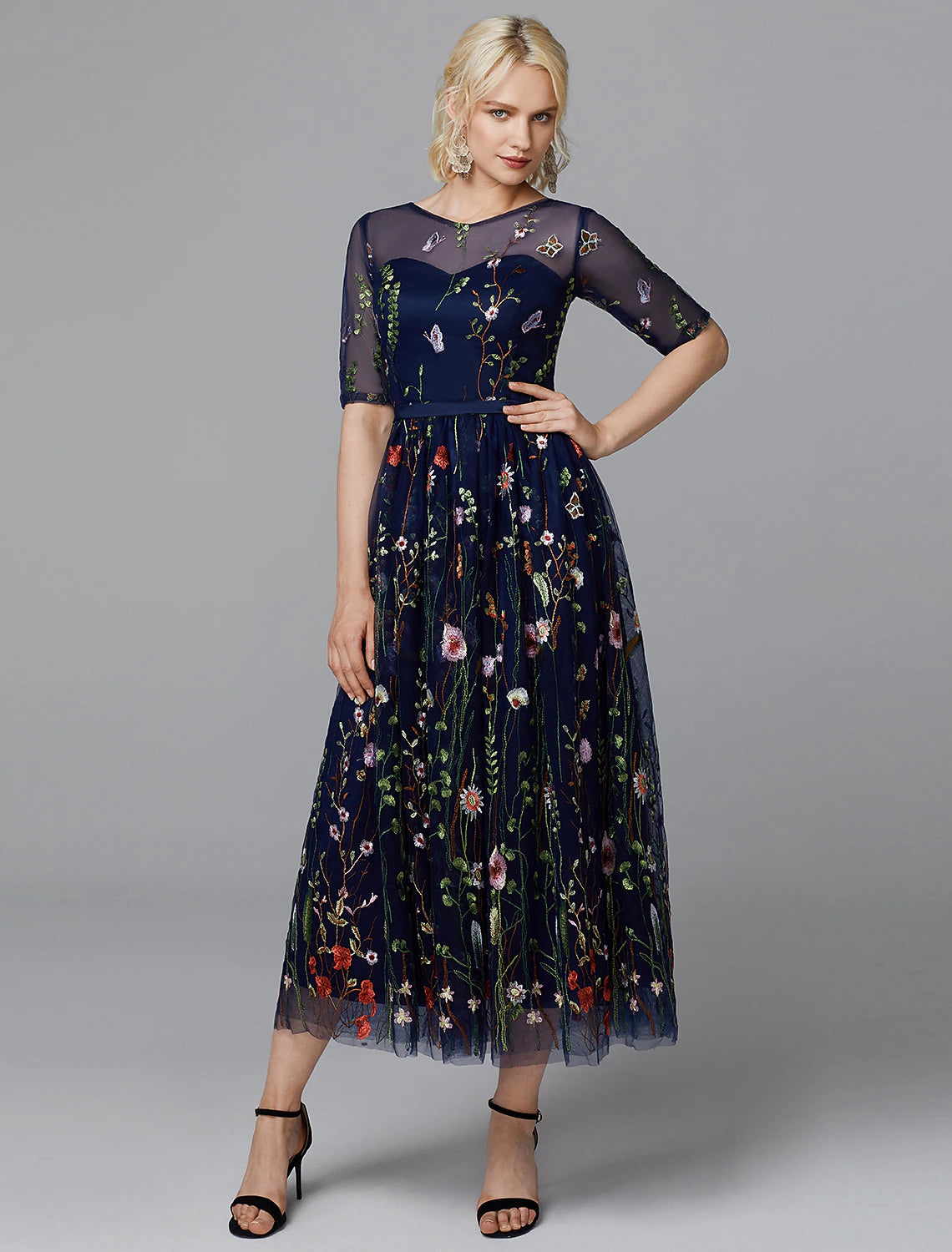 A-Line Floral Dress Holiday Wedding Guest Tea Length Half Sleeve Illusion Neck Lace with Embroidery Appliques