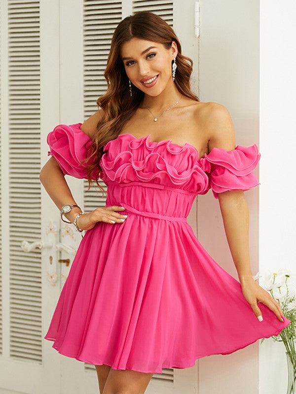 A-Line/Princess Chiffon Ruched Off-the-Shoulder Short Sleeves Short/Mini Dresses