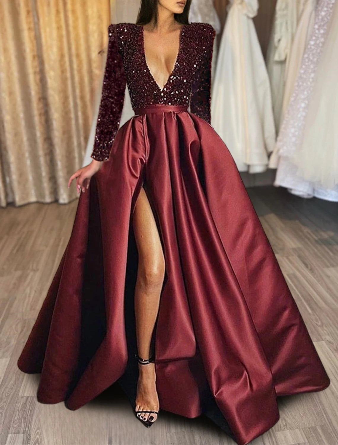 A-Line Evening Gown Christmas Red Green Dress Formal Black Dress Plus Size Wedding Court Train Half Sleeve V Neck Satin with Sequin Slit