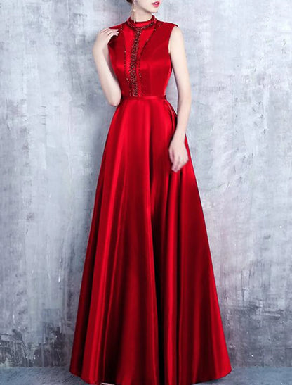 A-Line Evening Gown Elegant Dress Formal Wedding Guest Floor Length Sleeveless High Neck Satin with Pleats